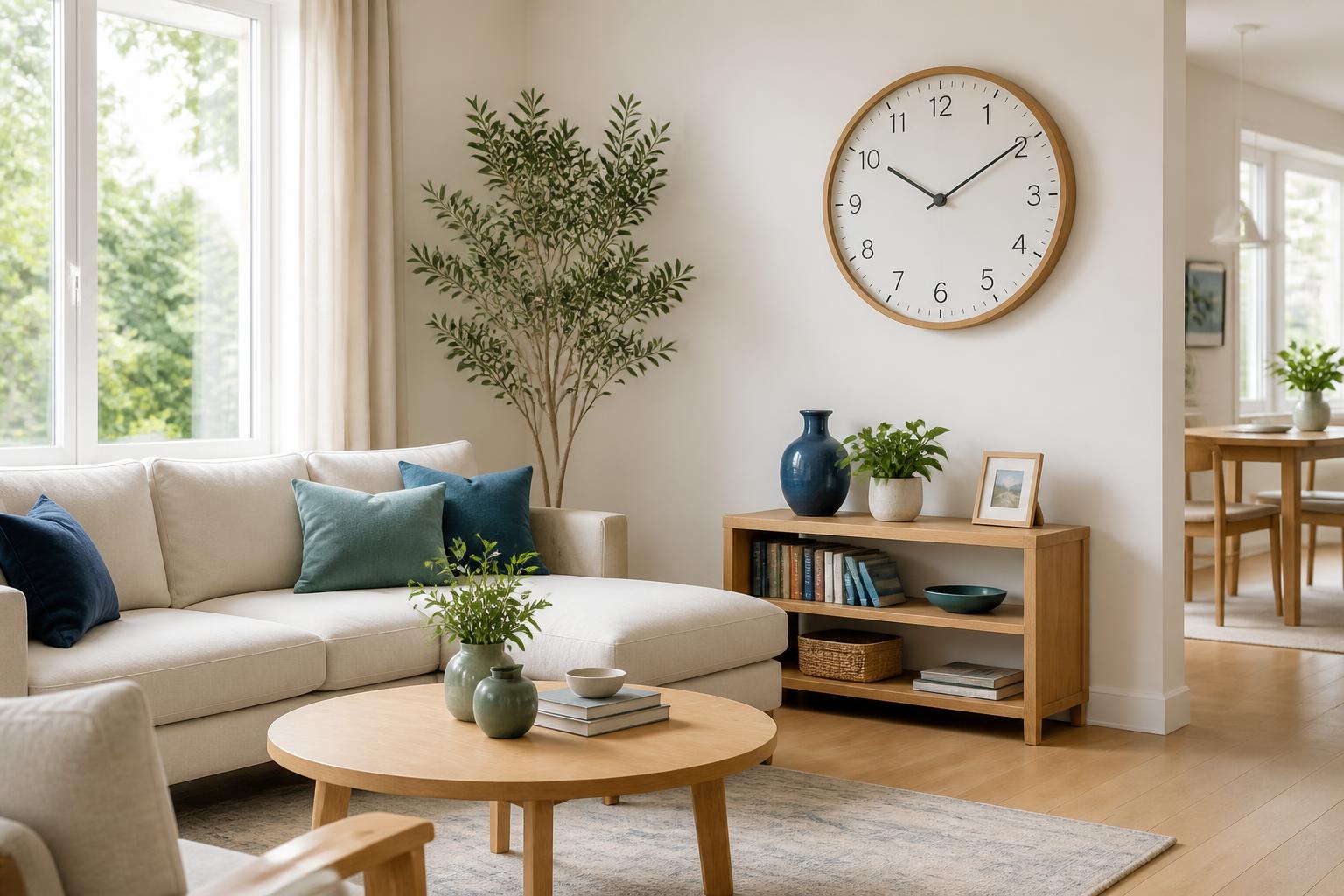 Moderne woonkamer met een houten wandklok in zacht daglicht